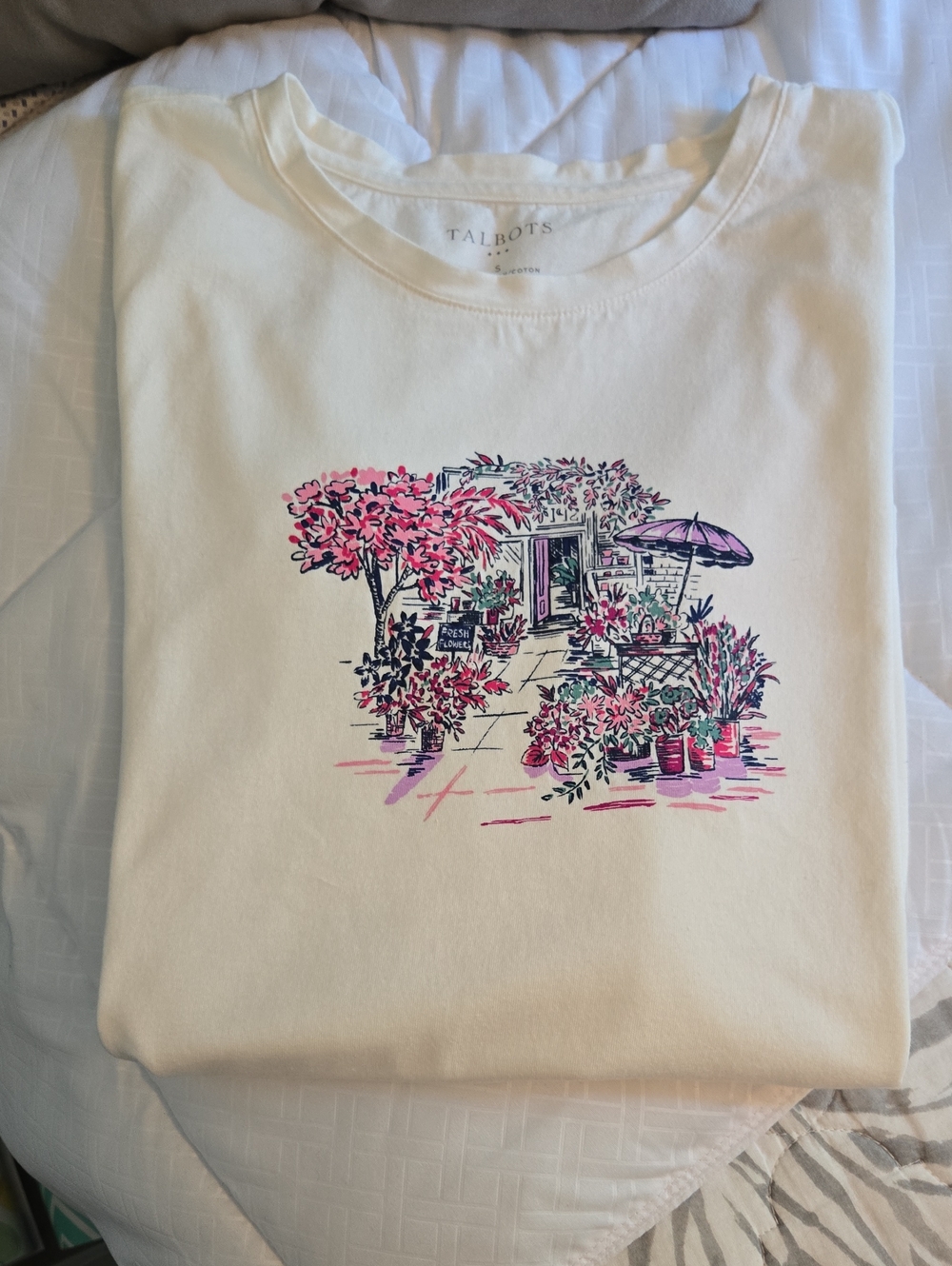 Talbots Cream Floral Patio 3/4 Sleeve  Graphic Tee with Pink and Purple Accents
